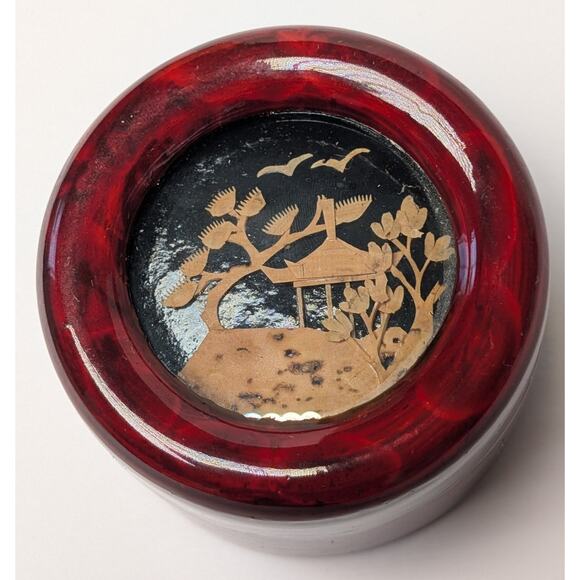 Vtg Cork Art Trinket Box 2.5" Round Red Lacquer Diorama Landscape Satin Lined - Picture 1 of 5